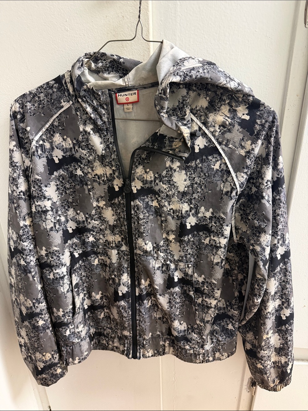 Hunter Gray Black White Abstract Hooded Windbreaker